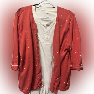 Salmon/ Reddish Polka Dot Button-Up Cardigan